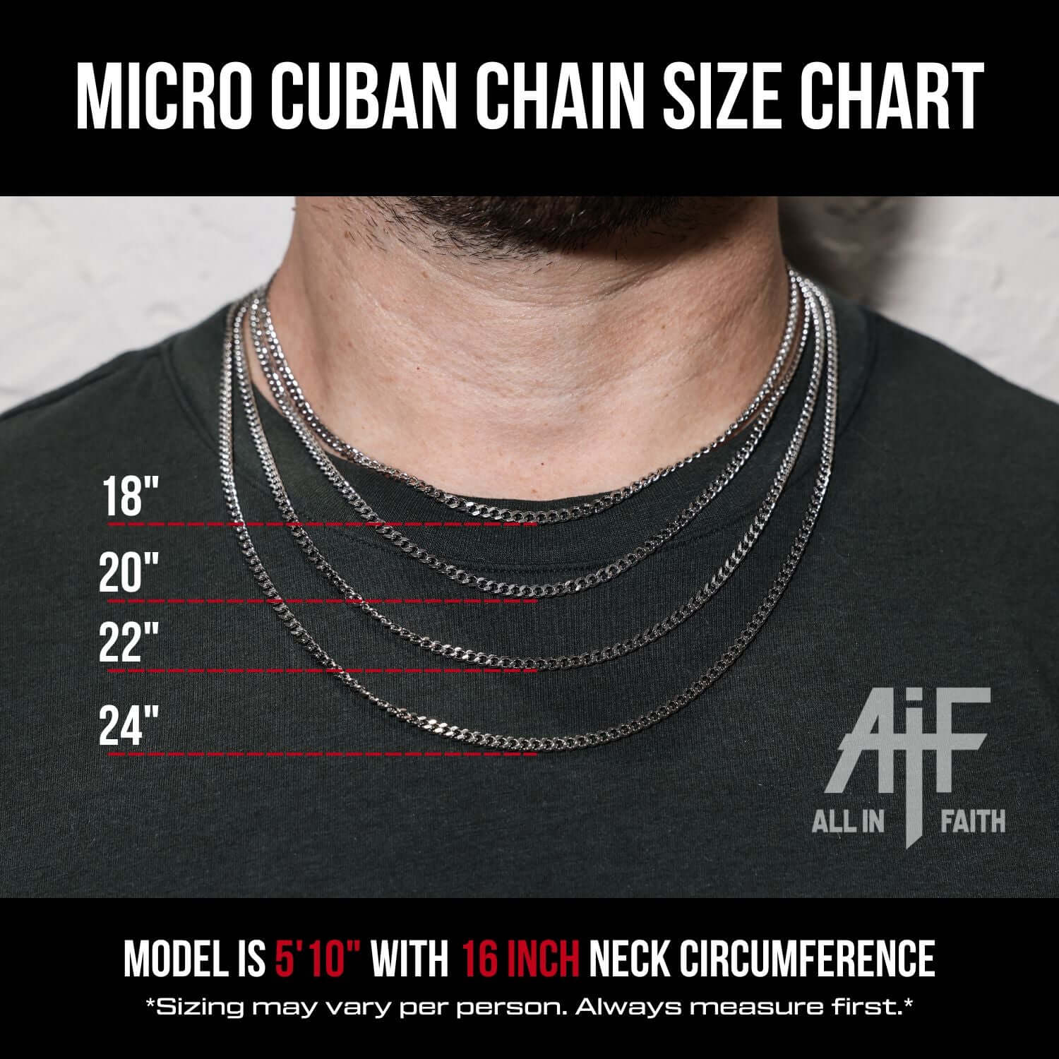 Collection of Micro Cuban chain size chart with model wearing the chains, showing different lengths. in a gallery layout